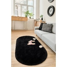 Santiva Home Siyah Oval Post Halı Peluş Yumuşak Kaymaz Dot Taban Makinada Yıkanabilir Yolluk