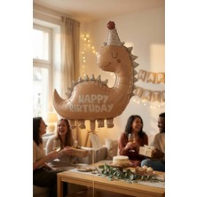 Partixa Happy Birthday Retro Açık Kahverengi Dinozor Temalı Folyo Balon Çocuk Doğum Günü Parti Süsü