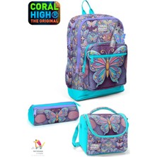 Coral High Kids Pastel Renkli Kelebek Desenli Okul Sırt Çantası,beslenme Çantası,kalem Çantası Set