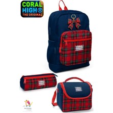 Coral High Kids Lacivert Kırmızı Kurdele Desenli Dört Bölmeli Okul Sırt Çantası,beslenme Çantası,kalem Çantası Set
