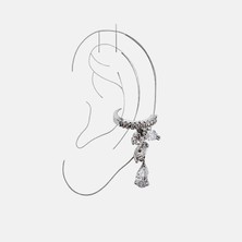 Cesicey Earcuff Sıkıştırmalı Pirinç Kıkırdak Küpe Damla Kesim Baget Taş Sallantılı Gümüş Renk