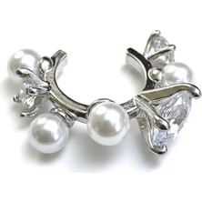 Cesicey Earcuff Sıkıştırmalı Pirinç Kıkırdak Küpe Incili Taşlı Gümüş Renk