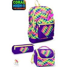 Coral High Kids Çok Renkli Piksel Kalp Desenli Okul Sırt Çantası,beslenme Çantası,kalem Çantası Set