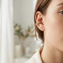 Cesicey Earcuff Sıkıştırmalı Çelik Kıkırdak Küpe 3 Tek Taşlı Ok Figürlü Altın Renk