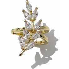 Cesicey Earcuff Sıkıştırmalı Pirinç Kıkırdak Küpe Yaprak Detaylı Baget Taşlı Altın Renk