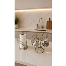 Edora Home 2’li Set Mat Gold 6 Kancalı Yuvarlak Bardak Askılık Kuğu Peçetelik Mutfak Seti
