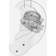 Cesicey Earcuff Sıkıştırmalı Pirinç Kıkırdak Küpe Tek Sıra Incili Zirkon Taşlı Gümüş Renk