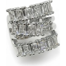 Cesicey Earcuff Sıkıştırmalı Pirinç Kıkırdak Küpe Baget Taşlı Üç Sıralı Gümüş Renk