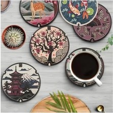 Odea Mdf 6'lı Bardak Altlığı, Japon Sanatı Temalı 10 cm Tasarım