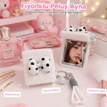 Home Dekor Hediye Beyaz Peluş Siyah Beyaz Fiyonk Tasarımlı Çift Taraflı Katlanabilir Makyaj Aynası Çanta Aksesuarı