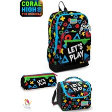 Coral High Kids Siyah Lets Play Desenli Dört Bölmeli Okul Sırt Çantası,beslenme Çantası,kalem Çantası Set