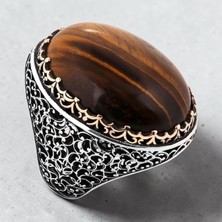 Takılingo 925 Ayar Gümüş Büyük Boy Kahverengi Kaplangözü Erkek Yüzük