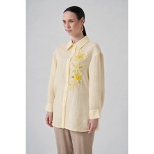 Sbl Design Kadın Çiçek Aplikeli Ince Dokulu Çizgili Oversize Uzun Gömlek Tunik