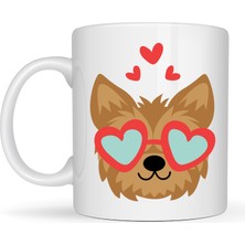 Bezos Sevimli Yorkshire Terrier Tasarımlı Porselen Kupa Model 49 – Kalpli Gözlüklü Köpek Desenli, Hediye Kupası