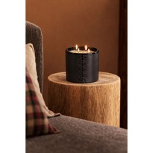 Chanza Home Büyük Boy Siyah Deri Detaylı Mum Pudra Kokulu Mum 14X14 cm 2000 gr
