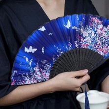 Ofisinn Beluga Yelpaze Bambu Kumaş Serinletici Vintage Şık Dekorasyon Püsküllü Japon Yelpaze Lacivert BY-1001