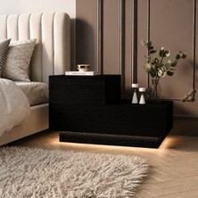 İnarch Dizayn Kayra KMD002 LED Işıklı Komodin – 2 Çekmeceli Modern Tasarım, Ahşap siyah