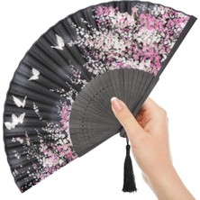 Ofisinn Beluga Yelpaze Bambu Kumaş Serinletici Vintage Şık Dekorasyon Püsküllü Japon Yelpaze Siyah BY-1002