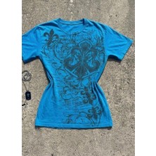 Moonstyle Collection Mavi Fleur-De-Lis Gotik Y2K Kısa Kollu Bluz