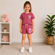 Utaher Miniwear Kız Çocuk Baskılı Gül Kurusu Şortlu Takım