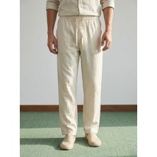 Danger Erkek Baggy Kalıp Beli Lastikli %100 Pamuk Keten Görünümlü Pantolon Bej 1007DNGR