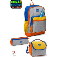 Coral High Kids Gri Turuncu Renkli Dört Bölmeli Okul Sırt Çantası,beslenme Çantası,kalem Çantası Set