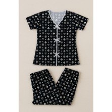 Bnchic Kadın Siyah Beyaz Kalp Desenli Fiyonklu Kısa Kollu Pijama Takımı