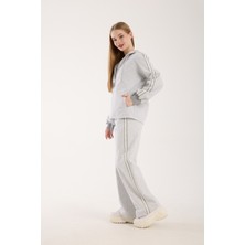 Fashion Club Kadın Gri Melanj Yanları Şeritli Tasarım Alt Üst Eşofman Takımı