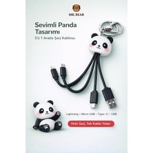 MR.BEAR Tüm Iphone ve Android Cihazlarla Uyumlu 3’ü 1 Arada Panda Figürlü Çoklu Şarj Kablosu Anahtarlık Type-C Lightning Micro USB Uç