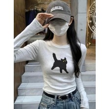 Kar Melanj Cat Bisiklet Yaka Street Y2K Uzun Kollu Bluz