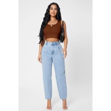Bnchic Kadın Kahverengi Kare Yaka Crop Top Bluz