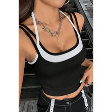 Bnchic Kadın Beyaz Siyah Çift Renk Çapraz Askılı Crop Top Bluz