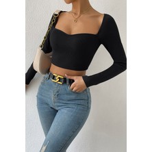Bnchic Kadın Siyah Uzun Kol Göğüs Dekolteli Şık Crop Top Bluz
