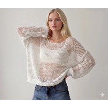 Sibel Günay Butik Kadın File Örme Dantel Ip Kayık Yaka Ekru Bluz - Standart Beden Bohem Triko Bluz