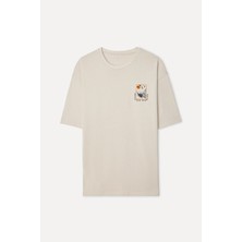 Mudo Erkek Taş Rengi Baskılı Oversize Bisiklet Yaka T-Shirt
