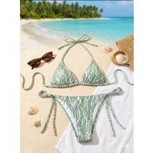 Mojo My Life Zebra Desenli Haki Beyaz Bikini Takımı