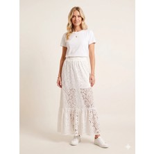 Sibel Günay Butik Kadın Beyaz Dantel Tül Etek - Astarsız Maxi Boy Beli Lastikli