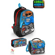 Coral High Kids Grafiti Ayıcık Desenli Üç Bölmeli Okul Sırt Çantası,beslenme Çantası ve Kalemlik Set