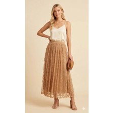 Sibel Günay Butik Kadın Camel Çiçek Baskılı Tül Etek - Astarlı ve Beli Lastikli