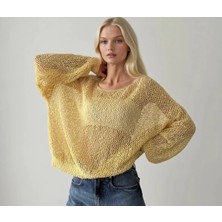 Sibel Günay Butik Kadın File Örme Dantel Ip Kayık Yaka Sarı Bluz - Standart Beden Bohem Triko Bluz