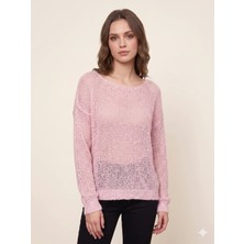 Sibel Günay Butik Kadın File Örme Dantel Ip Kayık Yaka Pembe Bluz - Standart Beden Bohem Triko Bluz