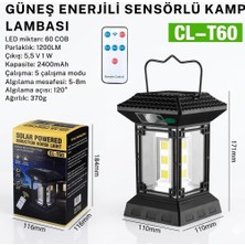 Çadır Dünyası CL-T60 Güneş Enerjili Sensörlü Kamp Lambası - 1200 Lümen, 60 Cob Led, Uzaktan Kumandalı ve 5 Farklı Aydınlatma Modlu Bahçe Armatürü