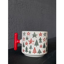 Mor Mürekkep Çam Ağacı ve Yıldız Tam Turkırmızı Kulplu T Yılbaşı Hediyesi Bardak Kupa Fincan Mug