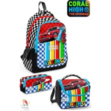 Coral High Kids Kırmızı Araba Desenli Üç Bölmeli Okul Sırt Çantası,beslenme Çantası ve Kalemlik Set