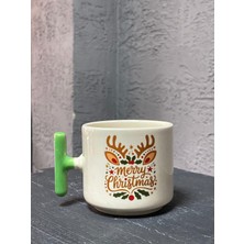 Mor Mürekkep Merry Christmas Geyik Boynuzlu Yeşil Kulplu T Yılbaşı Hediyesi Bardak Kupa Fincan Mug