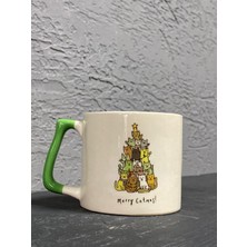 Mor Mürekkep Merry Catmas Kedi Ağacı Yıldızlı Yeşil Kulplu Prime Yılbaşı Hediyesi Bardak Kupa Fincan Mug