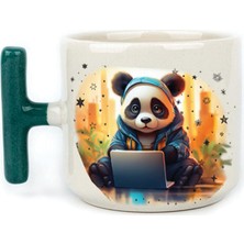 Mor Mürekkep Sad Üzgün Panda - Meslek: Yazılımcı Yeşil Kulplu T Meslek Hediyesi Bardak Kupa Fincan Mug