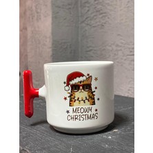 Mor Mürekkep Meowy Christmast  Gözlüklü Kedi Kırmızı Kulplu T Yılbaşı Hediyesi Bardak Kupa Fincan Mug