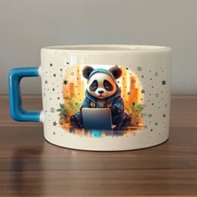 Mor Mürekkep Sad Üzgün Panda - Meslek: Yazılımcı Mavi Kulplu Kare Meslek Hediyesi Bardak Kupa Fincan Mug