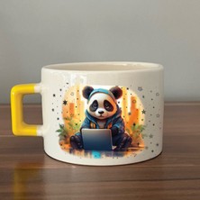 Mor Mürekkep Sad Üzgün Panda - Meslek: Yazılımcı Sarı Kulplu Kare Meslek Hediyesi Bardak Kupa Fincan Mug